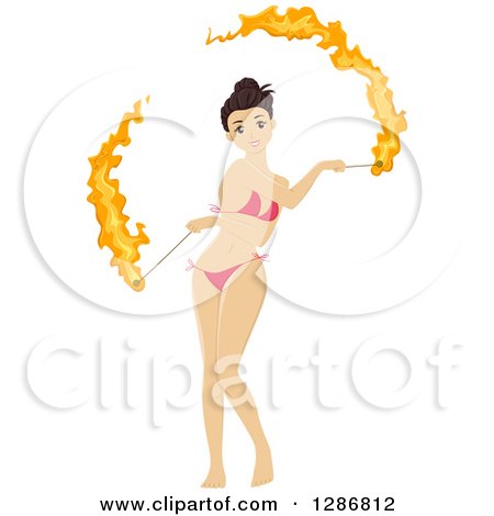 Clipart of a Brunette White Woman Fire Dancing in a Bikini - Royalty Free Vector Illustration by BNP Design Studio