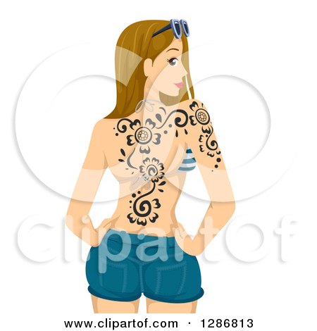 Clipart of a Dirty Blond White Woman in Shorts and a Bikini Top, Looking Back and Showing Henna Tattoos - Royalty Free Vector Illustration by BNP Design Studio