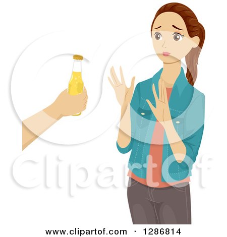 Clipart of a Brunette White Teenage Girl Turning down an Offer for Beer - Royalty Free Vector Illustration by BNP Design Studio
