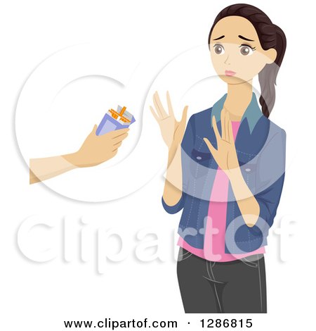 Clipart of a Brunette White Teenage Girl Turning down an Offer for Cigarettes - Royalty Free Vector Illustration by BNP Design Studio