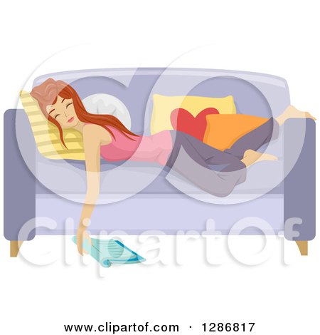 Clipart of a Young Red Haired White Woman Asleep on a Couch During Studying - Royalty Free Vector Illustration by BNP Design Studio