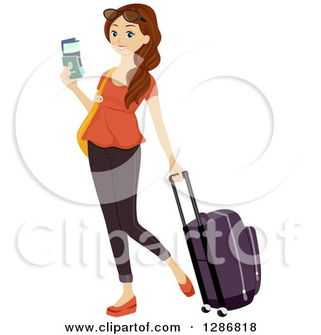 Clipart of a Happy Traveling Brunette White Woman Holding a Passport and Pulling Luggage - Royalty Free Vector Illustration by BNP Design Studio