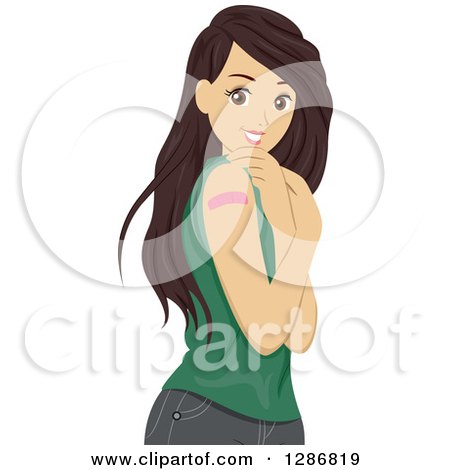 Clipart of a Happy Brunette White Woman Showing off a Bandage After Getting a Vaccine - Royalty Free Vector Illustration by BNP Design Studio
