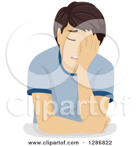 Clipart of a Sad Brunette White Teenage Boy Crying - Royalty Free Vector Illustration by BNP Design Studio