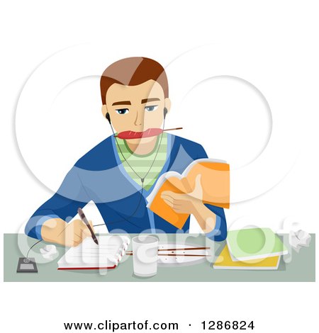 Clipart of a Brunette White Male Student Eating, Writing, Listenting to Music and Studying - Royalty Free Vector Illustration by BNP Design Studio