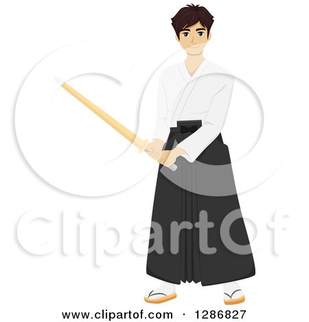 Clipart of a Young Male Asian Kendo Fighter with a Bamboo Stick - Royalty Free Vector Illustration by BNP Design Studio