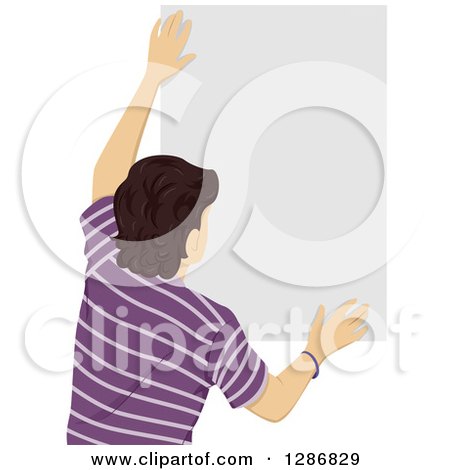 Clipart of a Rear View of a Brunette Caucasian Man Hanging a Blank Sign or Poster - Royalty Free Vector Illustration by BNP Design Studio