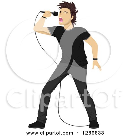 Clipart of a Male Musician in All Black, Singing Rock Music into a Microphone - Royalty Free Vector Illustration by BNP Design Studio