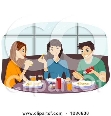 Clipart of a Group of Caucasian Male and Female Friends Eating at a Diner - Royalty Free Vector Illustration by BNP Design Studio