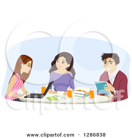 Clipart of a Group of Young Women and a Man Studying at a Table Together - Royalty Free Vector Illustration by BNP Design Studio