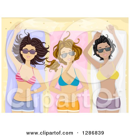 Clipart of a Group of Three Young Women Sun Bathing at a Beach - Royalty Free Vector Illustration by BNP Design Studio