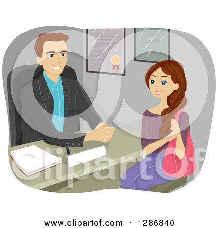Clipart of a Brunette White High School Girl Talking to a Guidance Counselor - Royalty Free Vector Illustration by BNP Design Studio