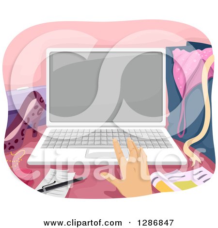 Clipart of a White Hand Using a Laptop Computer on a Messy Girls Desk - Royalty Free Vector Illustration by BNP Design Studio
