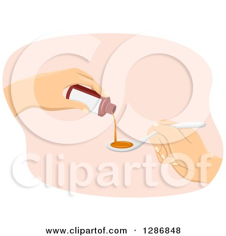 Clipart of a Caucasian Woman's Hands Pouring Cough Syrup in a Spoon - Royalty Free Vector Illustration by BNP Design Studio