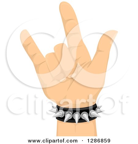Clipart of a White Hands Gesturing Rock on and Wearing a Spiked Bracelet - Royalty Free Vector Illustration by BNP Design Studio