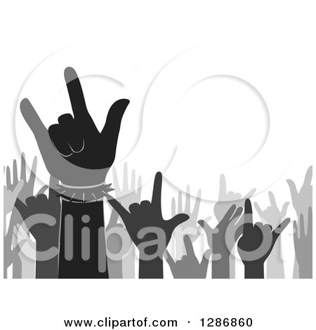 Clipart of a Silhouetted Grayscale Music Fan Crowd of Hands Gesturing Rock on - Royalty Free Vector Illustration by BNP Design Studio