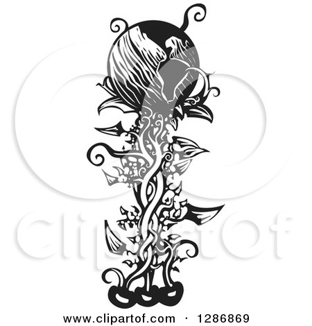 Clipart of a Black and White Woodcut Earth on Top of a Beanstalk - Royalty Free Vector Illustration by xunantunich