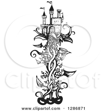 Clipart of a Black and White Woodcut Fantasy Castle on a Beanstalk - Royalty Free Vector Illustration by xunantunich