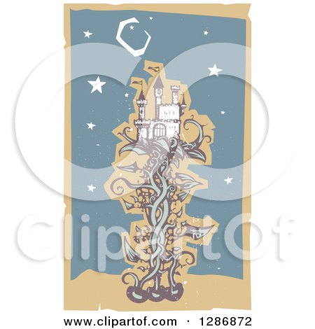 Clipart of a Woodcut Fantasy Jack and the Beanstalk Castle, Moon and Stars - Royalty Free Vector Illustration by xunantunich