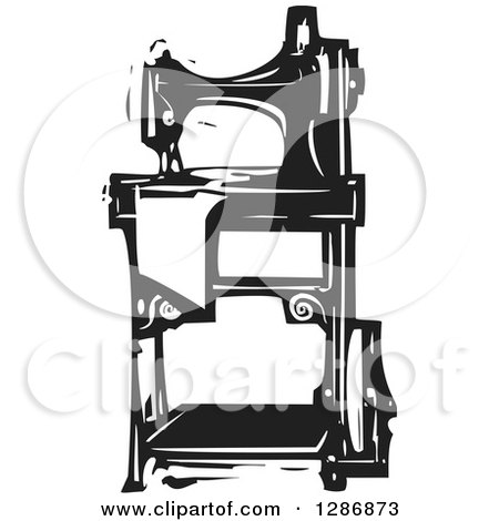 Clipart of a Black and White Woodcut Sewing Machine - Royalty Free Vector Illustration by xunantunich