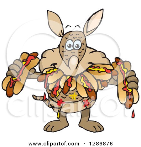Clipart of a Hungry Armadillo Shoving Weenies in His Mouth at a Hot Dog Eating Contest - Royalty Free Vector Illustration by Dennis Holmes Designs