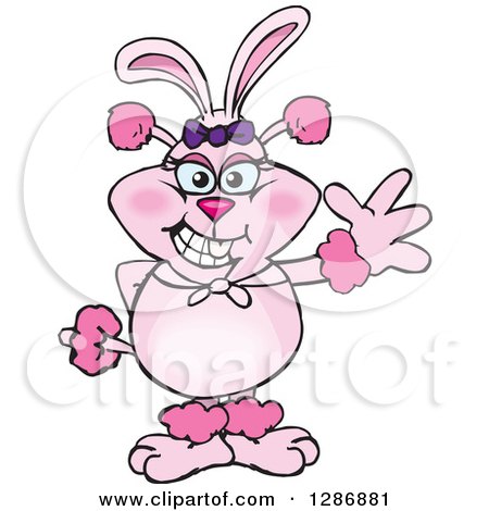 Clipart of a Cartoon Pink Poodle Dog Wearing Easter Bunny Ears and Waving - Royalty Free Vector Illustration by Dennis Holmes Designs