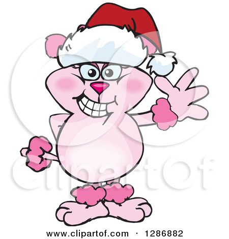 Clipart of a Cartoon Pink Poodle Dog Wearing a Christmas Santa Hat and Waving - Royalty Free Vector Illustration by Dennis Holmes Designs