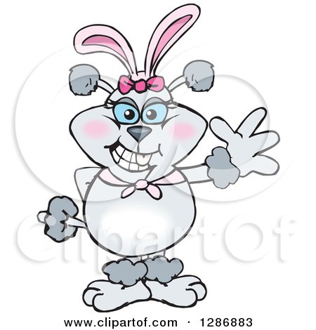 Clipart of a Cartoon Gray Poodle Dog Wearing Easter Bunny Ears and Waving - Royalty Free Vector Illustration by Dennis Holmes Designs