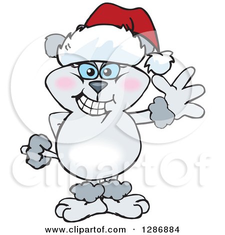 Clipart of a Cartoon Gray Poodle Dog Wearing a Christmas Santa Hat and Waving - Royalty Free Vector Illustration by Dennis Holmes Designs