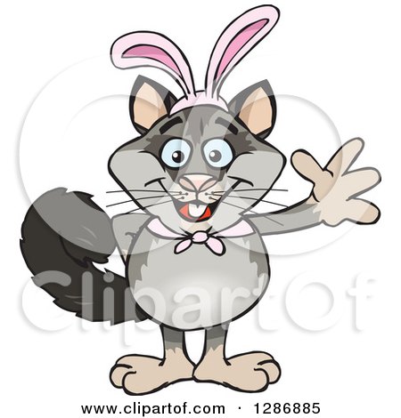 Clipart of a Cartoon Happy Possum Wearing Bunny Ears and Waving - Royalty Free Vector Illustration by Dennis Holmes Designs