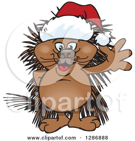 Clipart of a Cartoon Happy Porcupine Wearing a Christmas Sant Hat and Waving - Royalty Free Vector Illustration by Dennis Holmes Designs