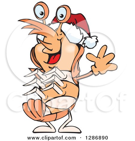 Clipart of a Cartoon Happy Shrimp or Prawn Wearing a Christmas Sant Hat and Waving - Royalty Free Vector Illustration by Dennis Holmes Designs