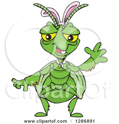 Clipart of a Cartoon Happy Praying Mantis Wearing Easter Bunny Ears and Waving - Royalty Free Vector Illustration by Dennis Holmes Designs