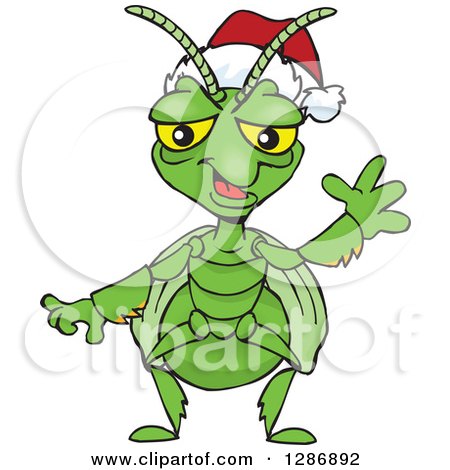 Clipart of a Cartoon Happy Praying Mantis Wearing a Christmas Santa Hat and Waving - Royalty Free Vector Illustration by Dennis Holmes Designs