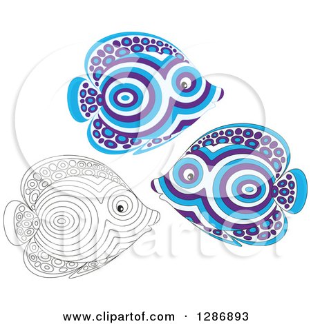 Clipart of Blue and Purple and Black and White Patterned Marine Fish - Royalty Free Vector Illustration by Alex Bannykh
