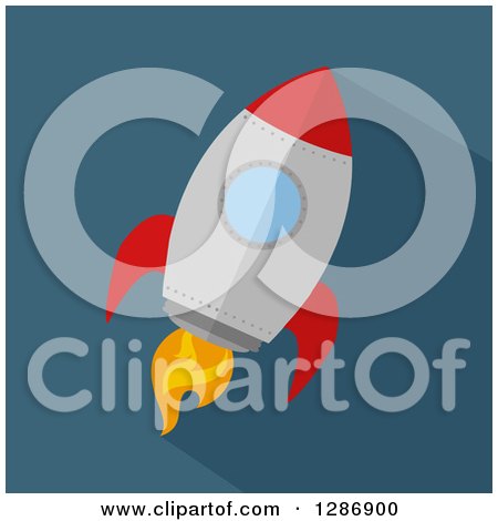Clipart of a Modern Flat Design of Ared and Metal Rocket and Shadow over Blue - Royalty Free Vector Illustration by Hit Toon