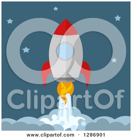 Clipart of a Modern Flat Design of Ared and Metal Rocket Breaking Through Clouds in a Starry Sky - Royalty Free Vector Illustration by Hit Toon