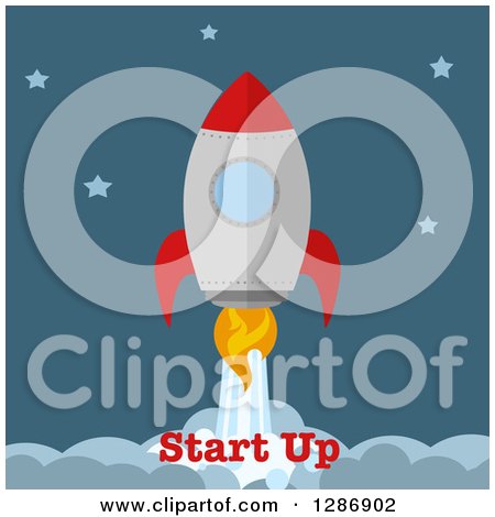 Clipart of a Modern Flat Design of a Red and Metal Rocket Breaking Through Clouds with Start up Text - Royalty Free Vector Illustration by Hit Toon