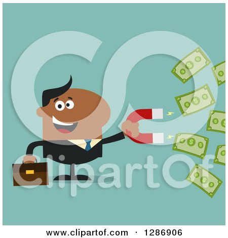 Clipart of a Modern Flat Design of a Black Businessman Holding a Magnet to Draw in Money over Turquoise - Royalty Free Vector Illustration by Hit Toon