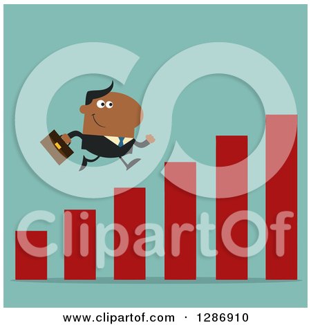 Clipart of a Modern Flat Design of a Black Businessman Running up a Growth Bar Graph over Turquoise - Royalty Free Vector Illustration by Hit Toon
