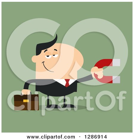 Clipart of a Modern Flat Design of a White Businessman Holding a Magnet over Green - Royalty Free Vector Illustration by Hit Toon