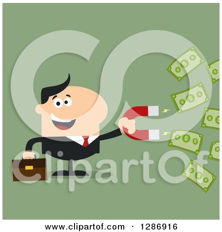 Clipart of a Modern Flat Design of a White Businessman Holding a Magnet and Drawing in Money over Green - Royalty Free Vector Illustration by Hit Toon