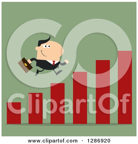 Clipart of a Modern Flat Design of a White Businessman Running up a Growth Bar Graph on Green - Royalty Free Vector Illustration by Hit Toon
