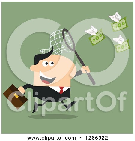Clipart of a Modern Flat Design of a White Businessman Chasing Flying Cash Money with a Net over Green - Royalty Free Vector Illustration by Hit Toon