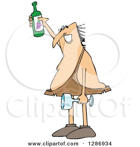 Clipart of a Happy Caveman Holding up a Wine Bottle, a Glass in One Hand - Royalty Free Vector Illustration by djart