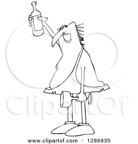 Clipart of a Black and White Happy Caveman Holding up a Wine Bottle, a Glass in One Hand - Royalty Free Vector Illustration by djart