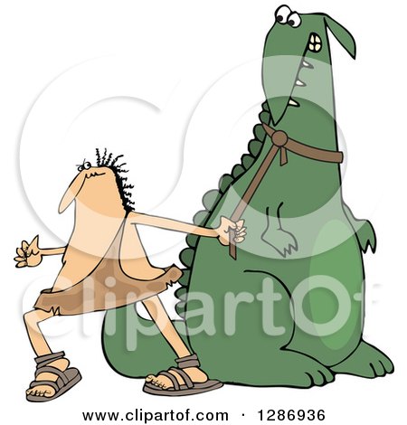 Clipart of a Frustrated Caveman Pulling in His Stubborn Dinosaur's Leash - Royalty Free Vector Illustration by djart
