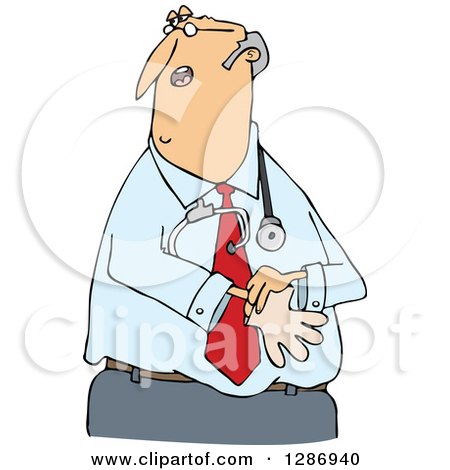 Clipart of a Caucasian Middle Aged Male Doctor Putting on Exam Gloves - Royalty Free Vector Illustration by djart