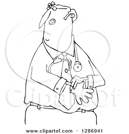 Clipart of a Black and White Middle Aged Male Doctor Putting on Exam Gloves - Royalty Free Vector Illustration by djart
