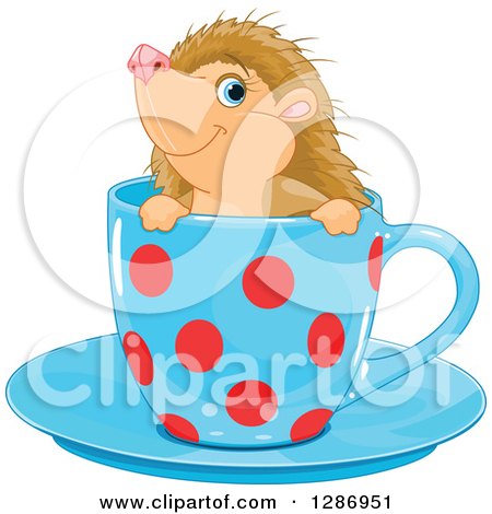 Clipart of a Cute Blue Eyed Hedgehog in a Blue and Red Polka Dot Tea Cup - Royalty Free Vector Illustration by Pushkin